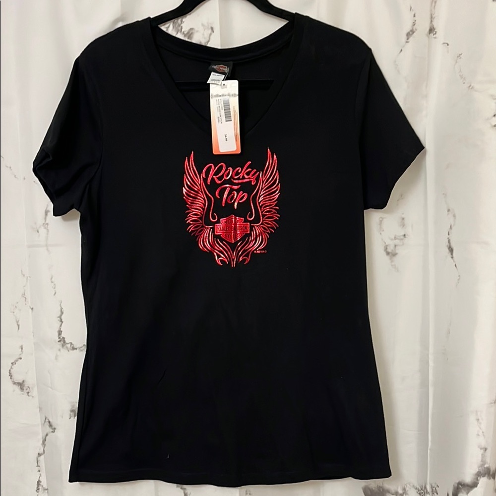 Rocky Women's Black T-Shirt with Red Design